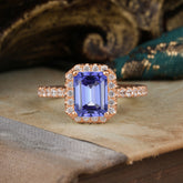 2 Carat Emerald Cut Tanzanite 4 Prong Engagement Ring Pave Halo Bridal Ring